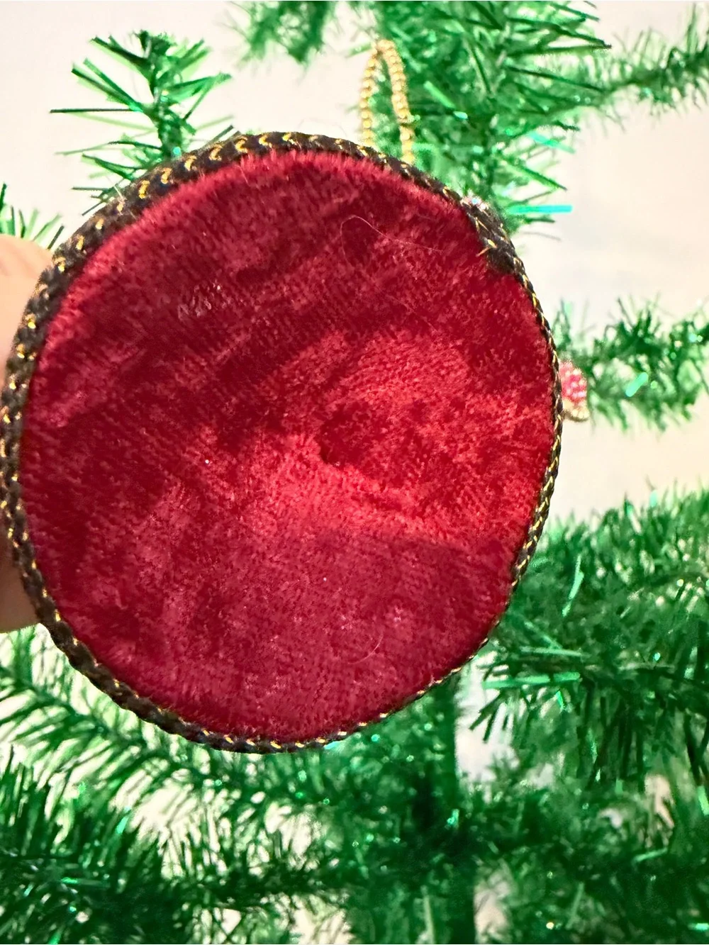 Vintage Christmas Beaded Velvet Bell Bauble Ornaments Small Red Set Of 2 Hanging